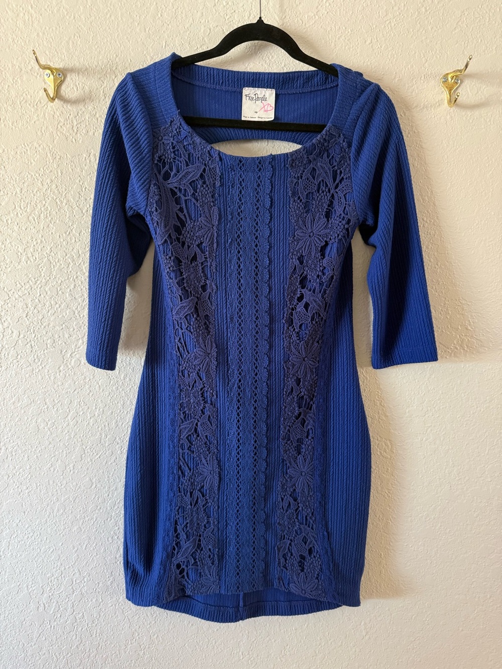 Free People Royal Blue Rib Knit Mini Dress Small Petite 3/4 Sleeve Back Cutout